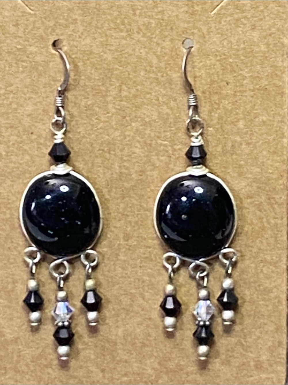 Black Sparkle Cabochon AB Crystal Bead Dangle Earrings with Silver-Tone Accents - Picture 4 of 10